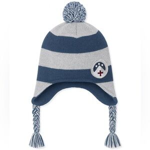 Old Navy Kids Fleece Lined Earflap Hat Navy Gray Stripes Pom Pom Winter Size 5T